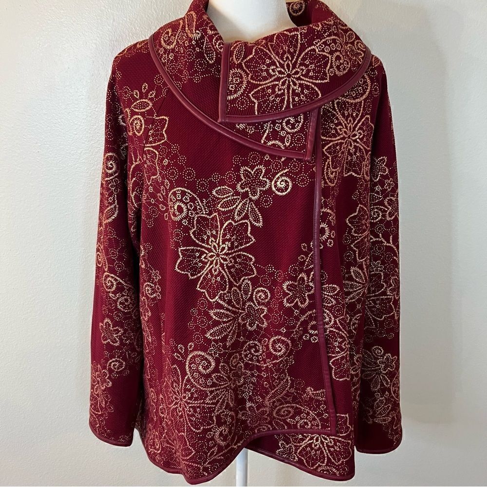GRAVER Susan Graver Foil Printed Textured Knit Jacket with Trim Wine Sz Large